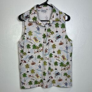 Kenny Flowers White Tropical Print Collared Sleeveless Top Size L